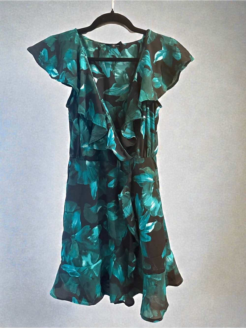 Floral Teal Wrap Mini Dress with Ruffle V-Neck
